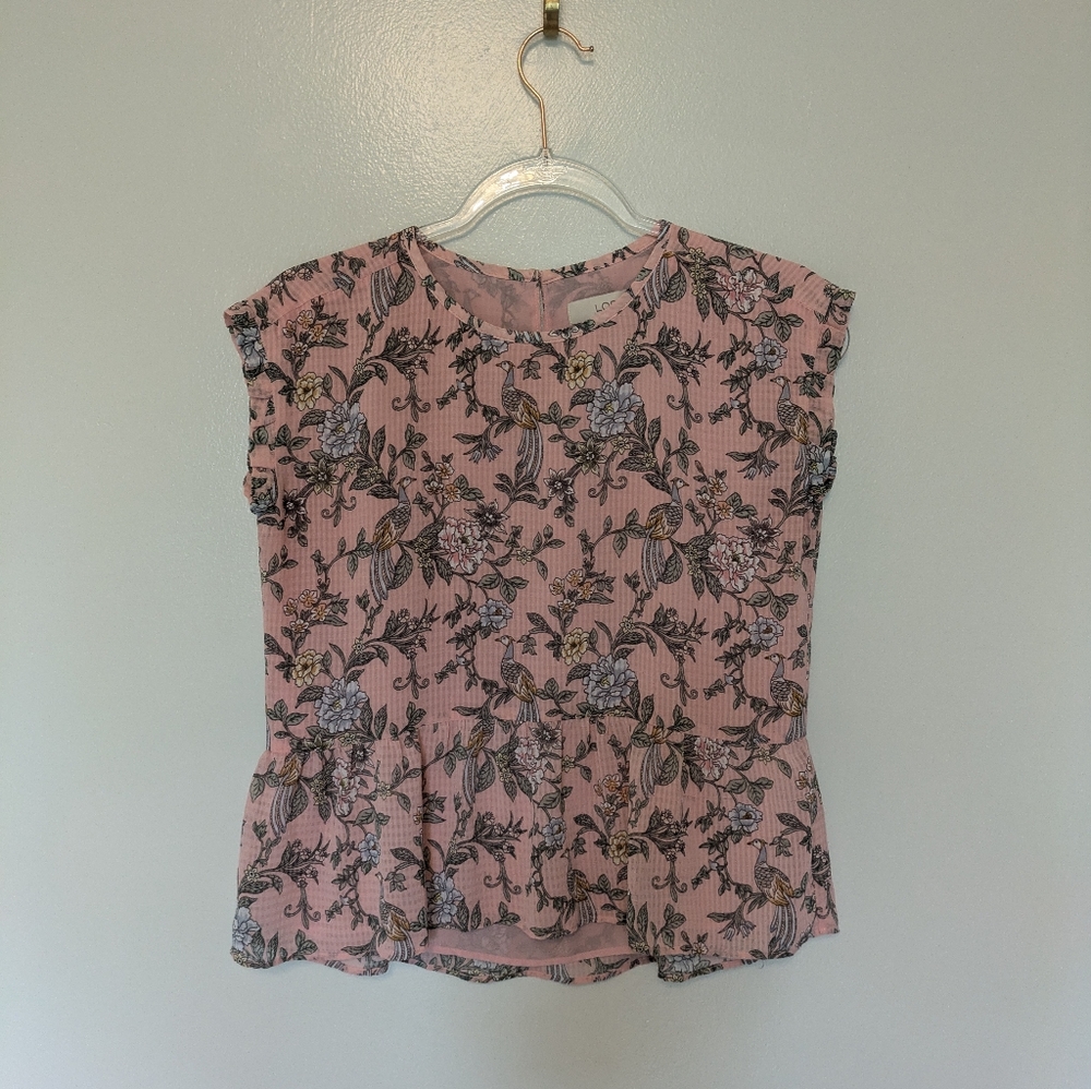 Loft Blouse Peplum Peacock Floral Pink XXSP
